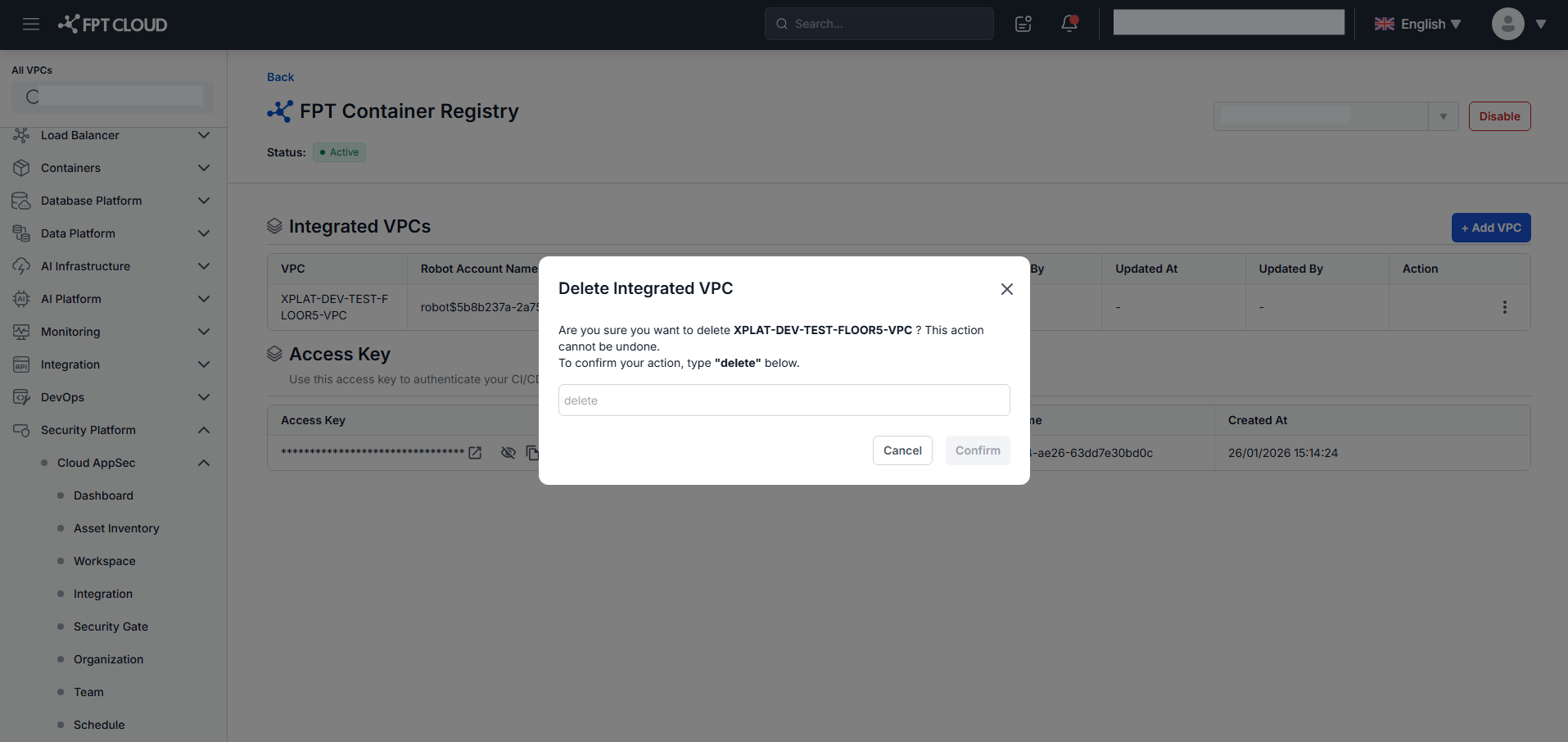 FPT Container Registry — VPC削除確認