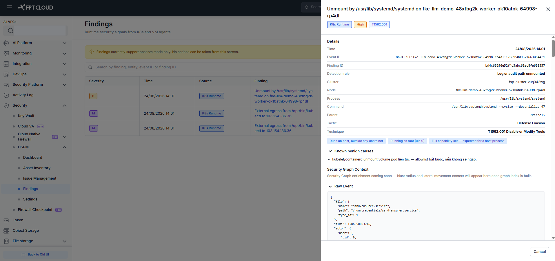 Finding Detail Drawer — Details、Known Benign Causes、Security Graph Context、Raw Eventセクション