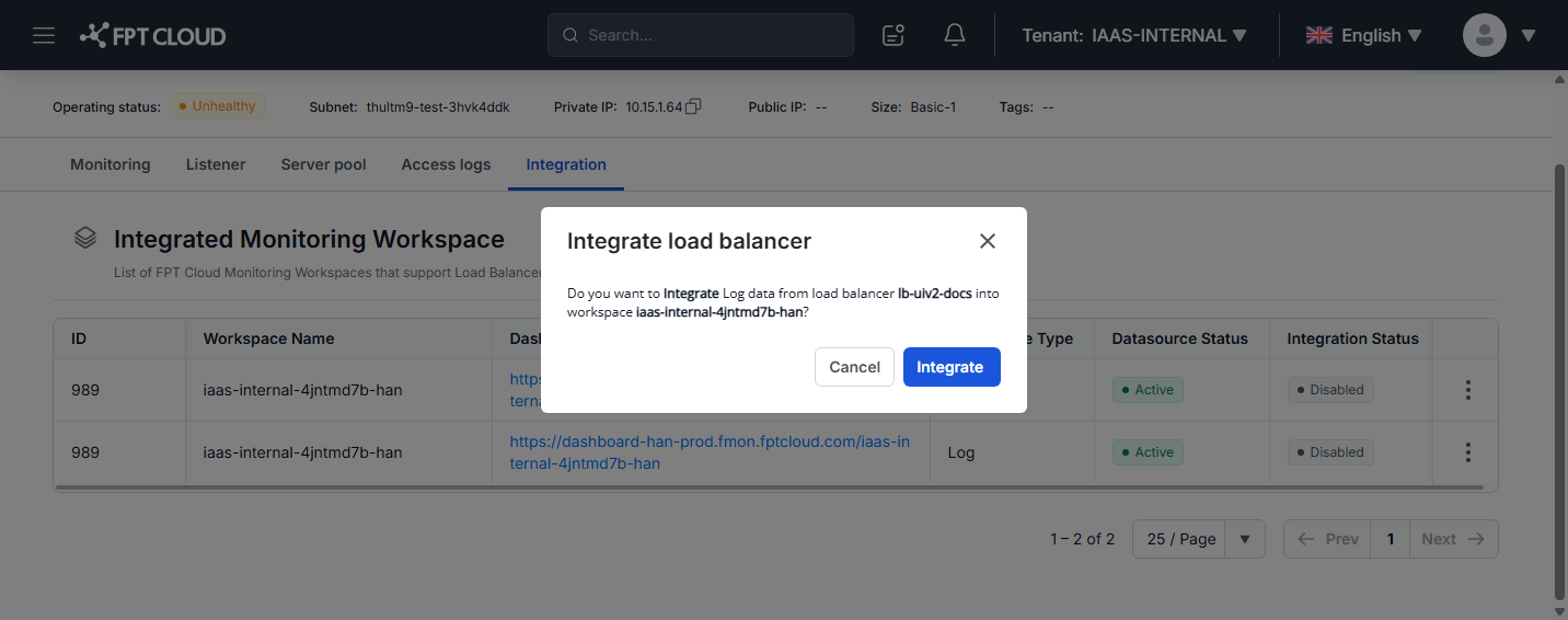 Integrate load balancer の確認ダイアログ