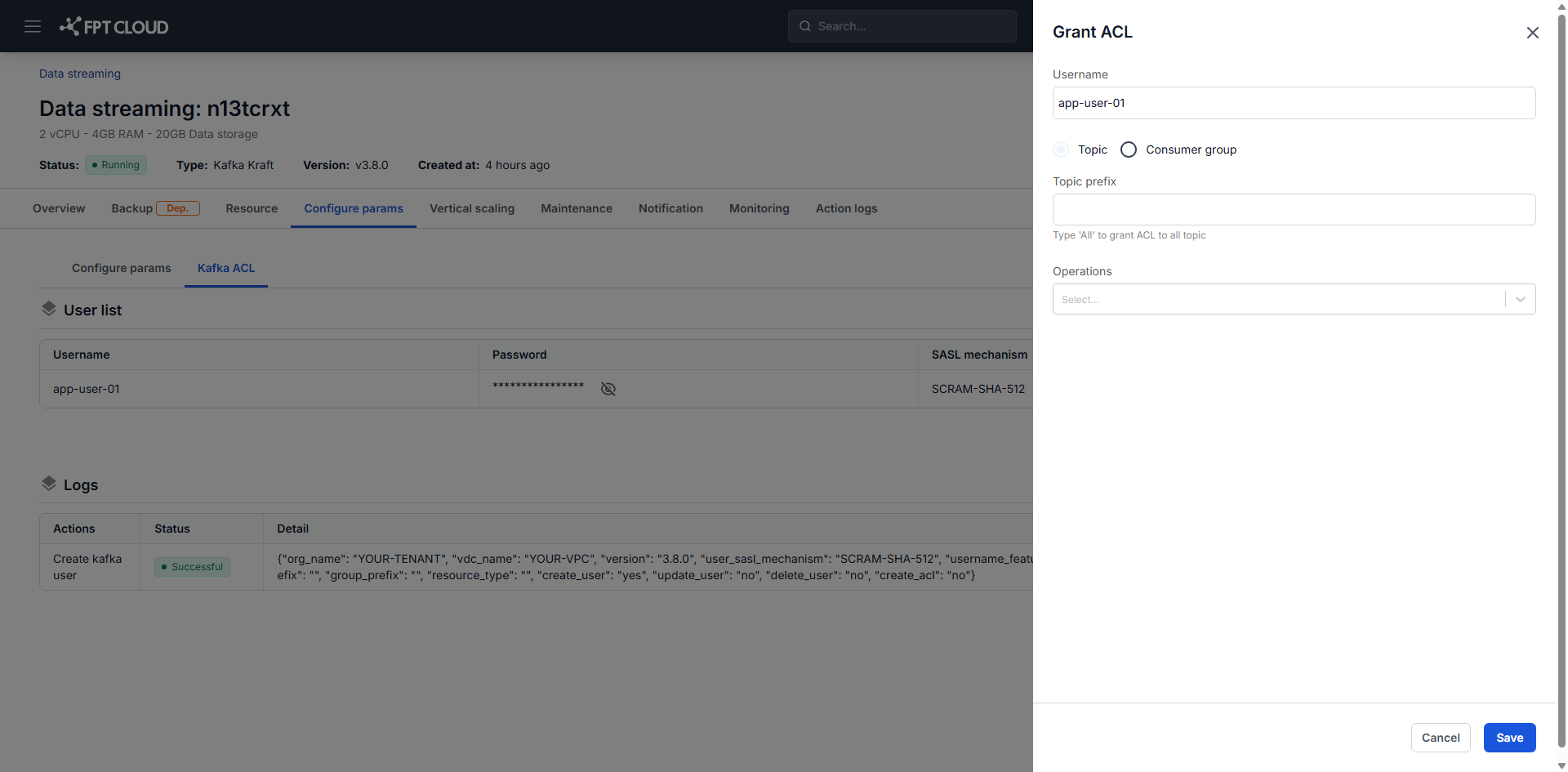 resource type、prefix、操作の項目がある Grant ACL ダイアログ