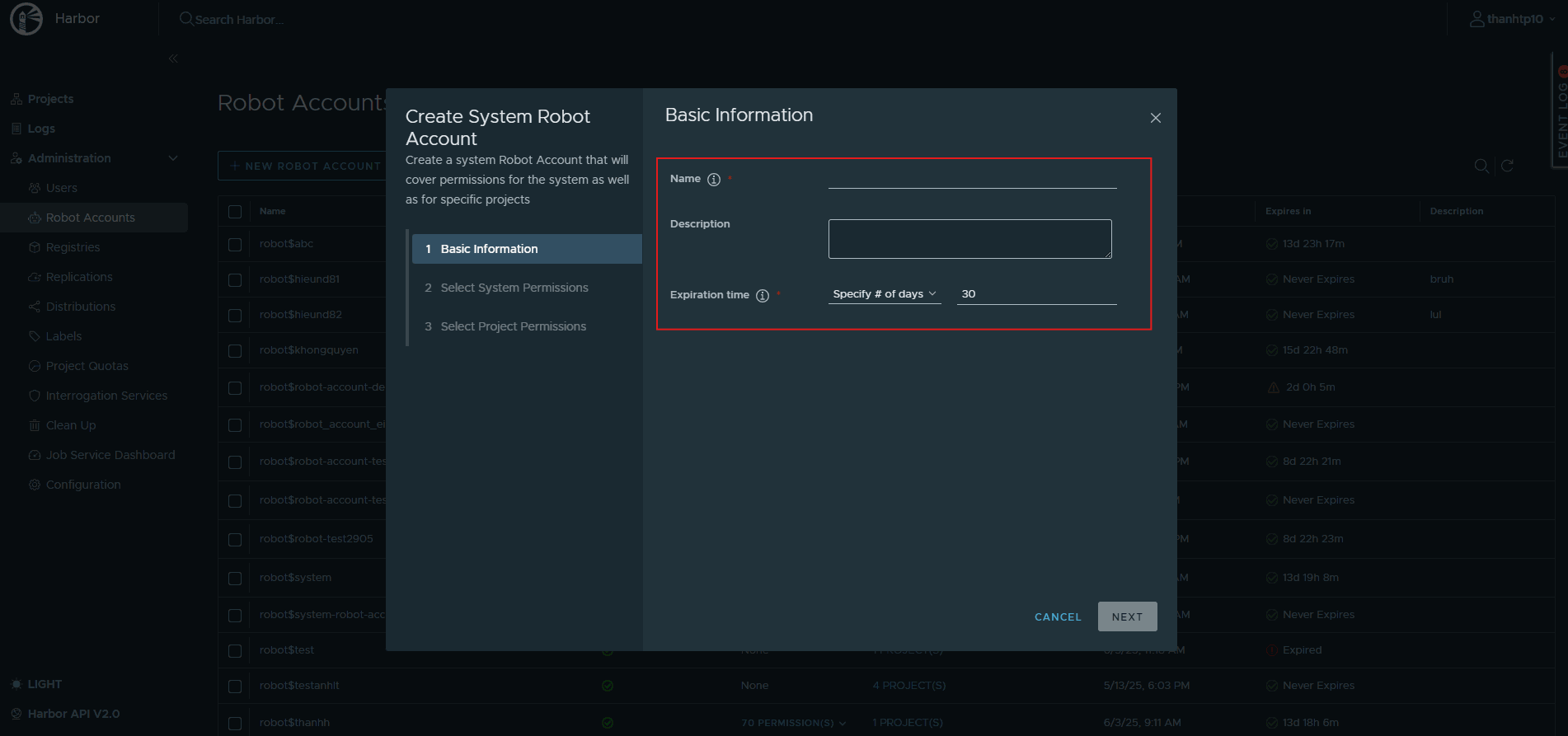 Harbor — Robot Account情報を入力
