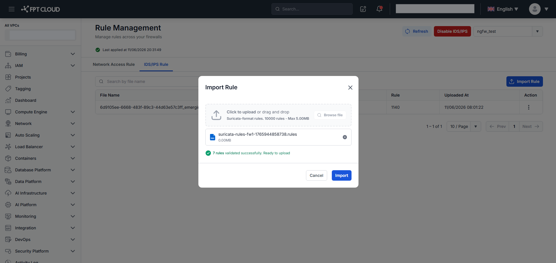Import Rule popup