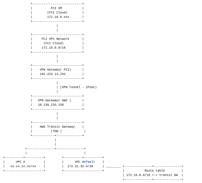 Transit Gateway 経由の FCI と AWS の接続トポロジー