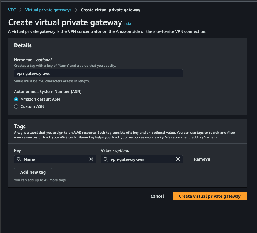 Virtual Private Gateway の作成