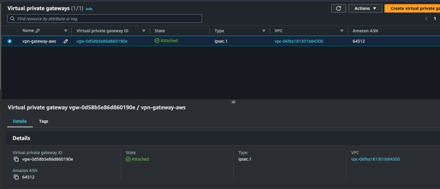 Virtual Private Gateway の作成結果