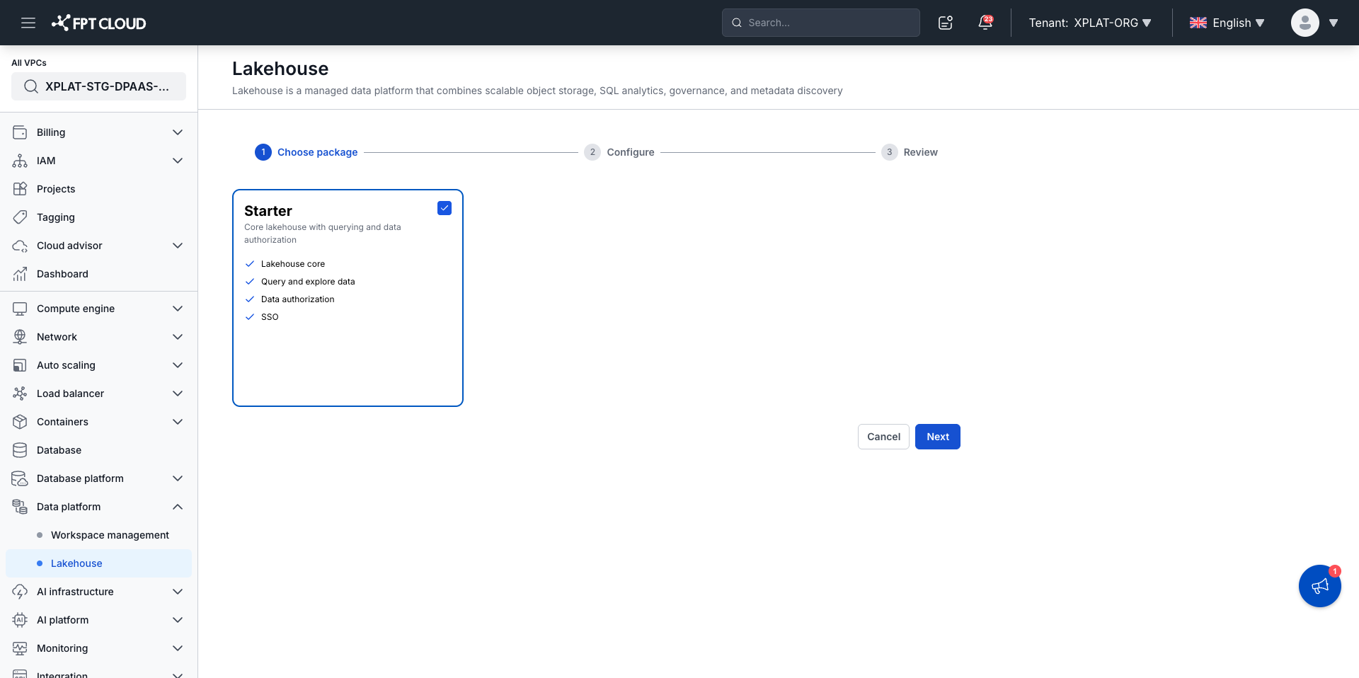 Choose package screen