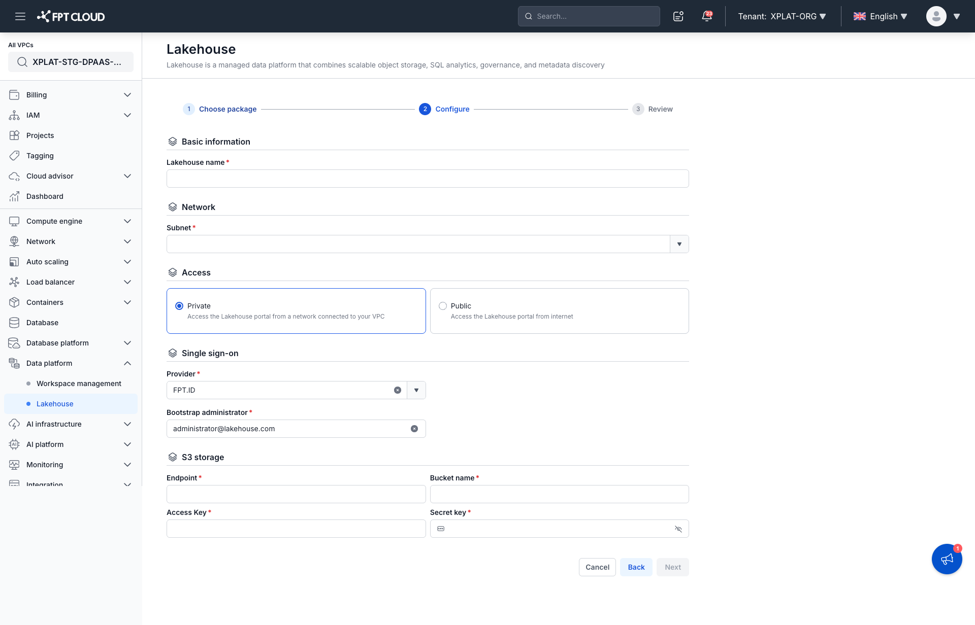 Configure screen — Basic information, Network, Access, SSO, S3