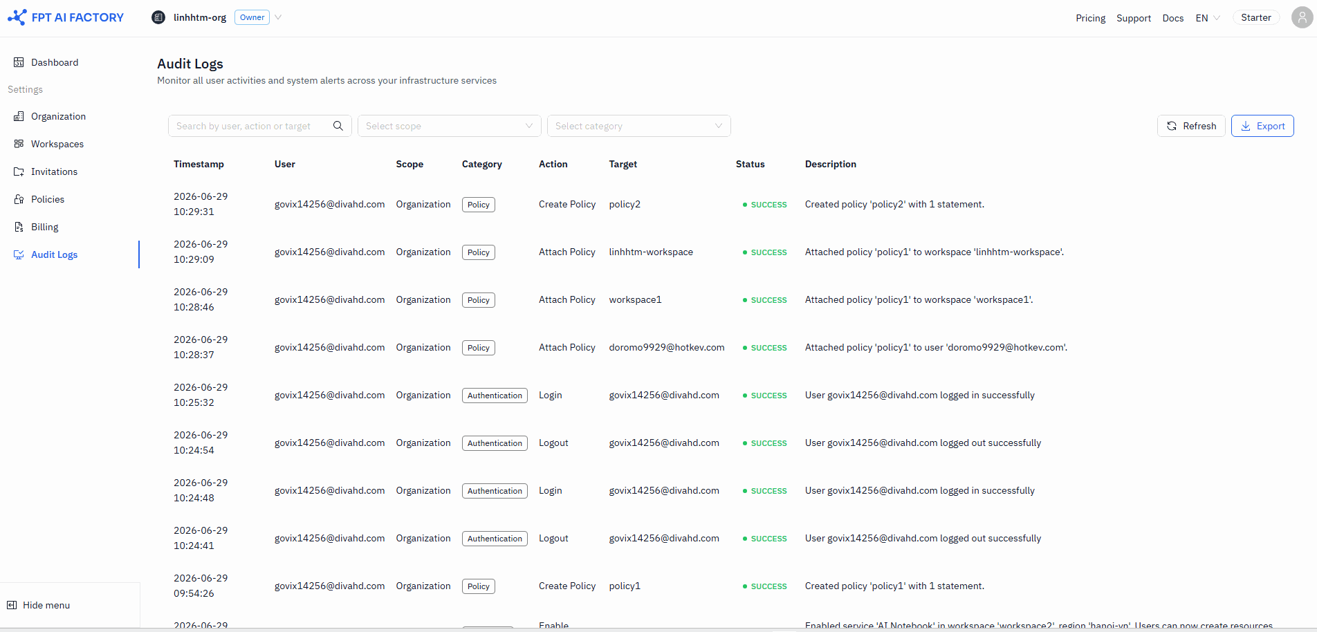 Audit logs page