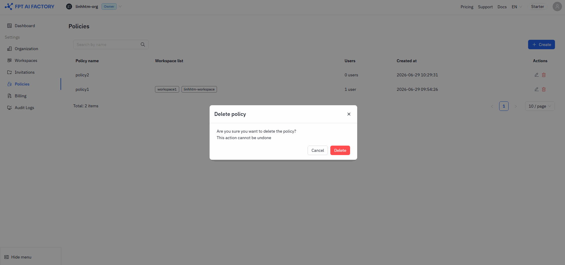 Delete policy confirmation