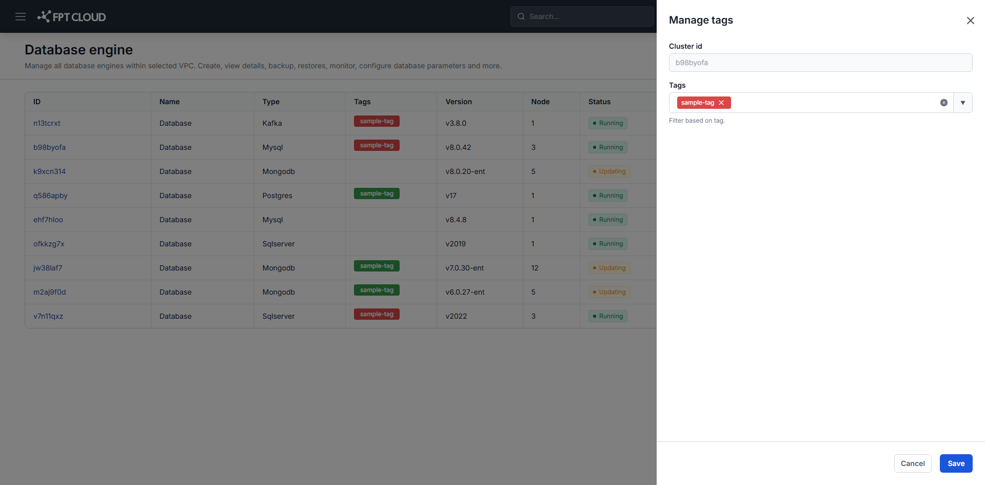 読み取り専用の cluster ID とタグ選択欄がある Manage tags ダイアログ
