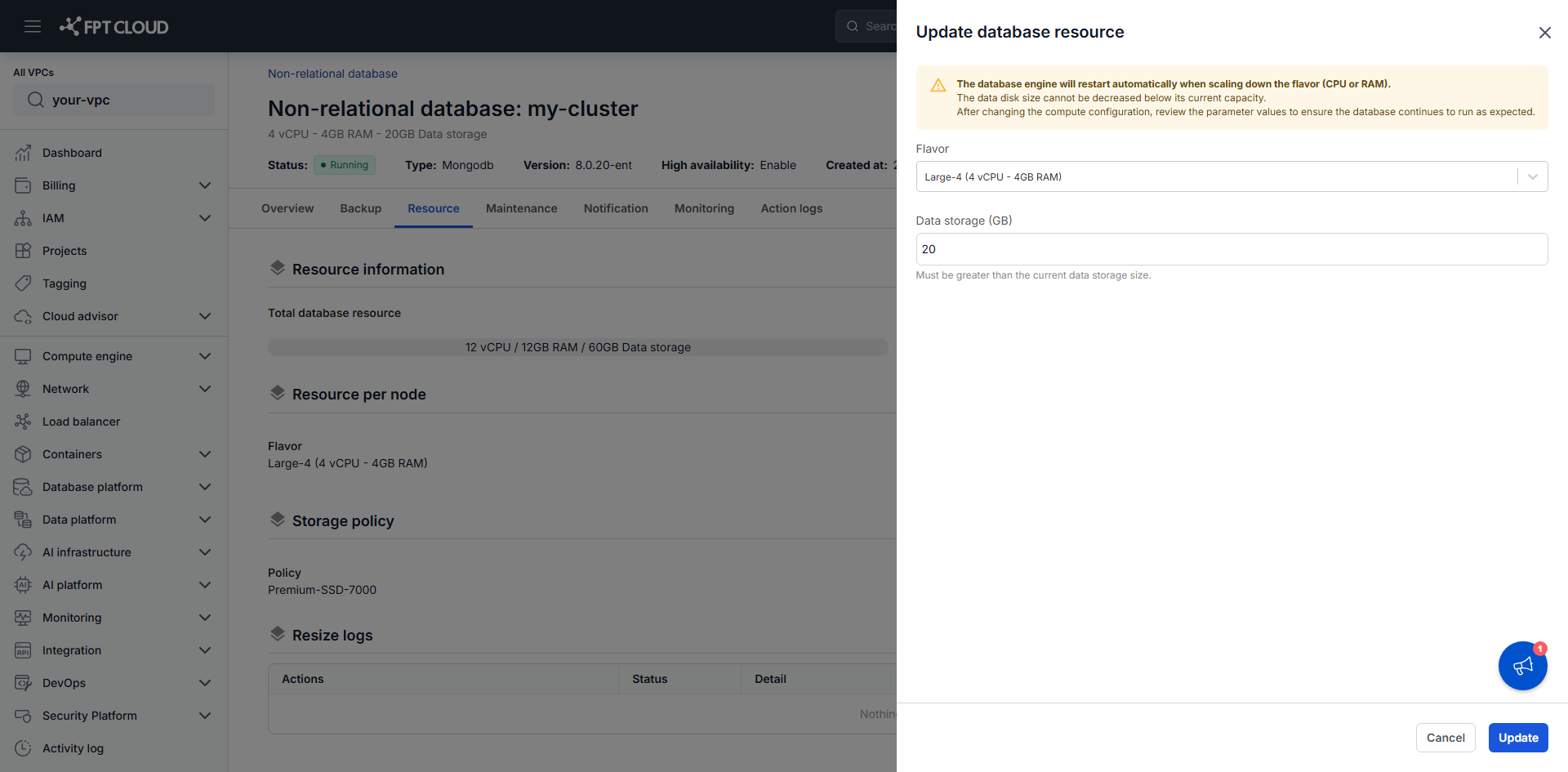 Flavor、Data storage、3 つの警告が表示された Update database resource ドロワー