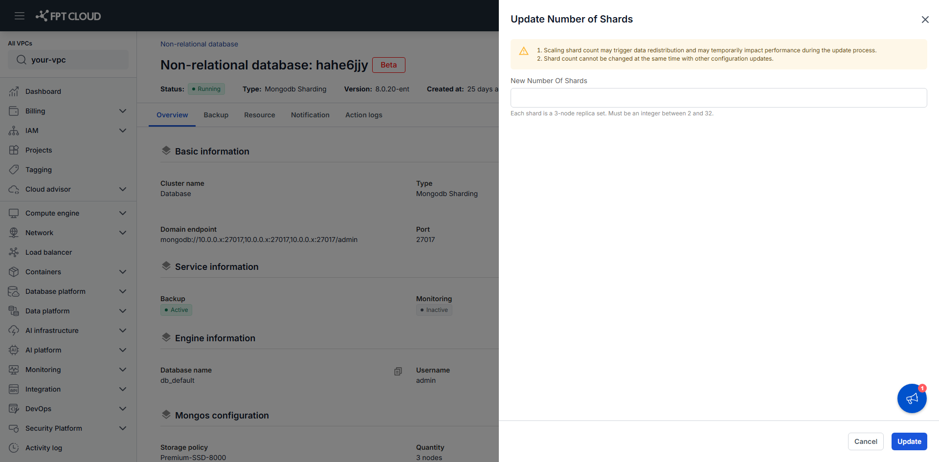 Update Number of Shards のドロワー。shard 数の入力欄とデータ再配置の警告が表示されている