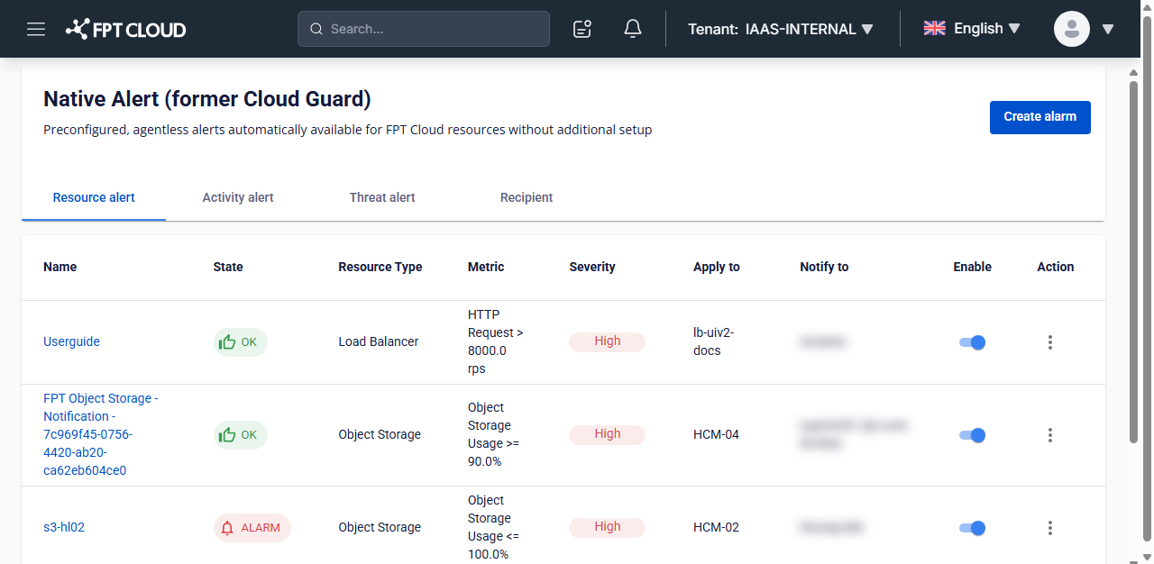 Resource alert タブと Create alarm ボタンがある Native Alert ページ