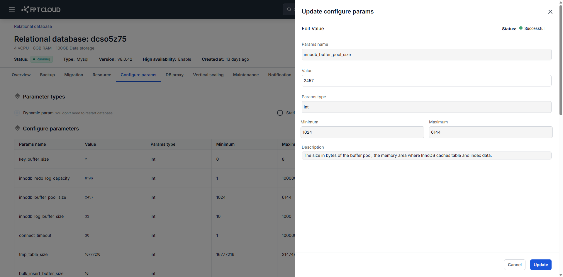 データ型と許容範囲を表示している Update Configure Params ダイアログ