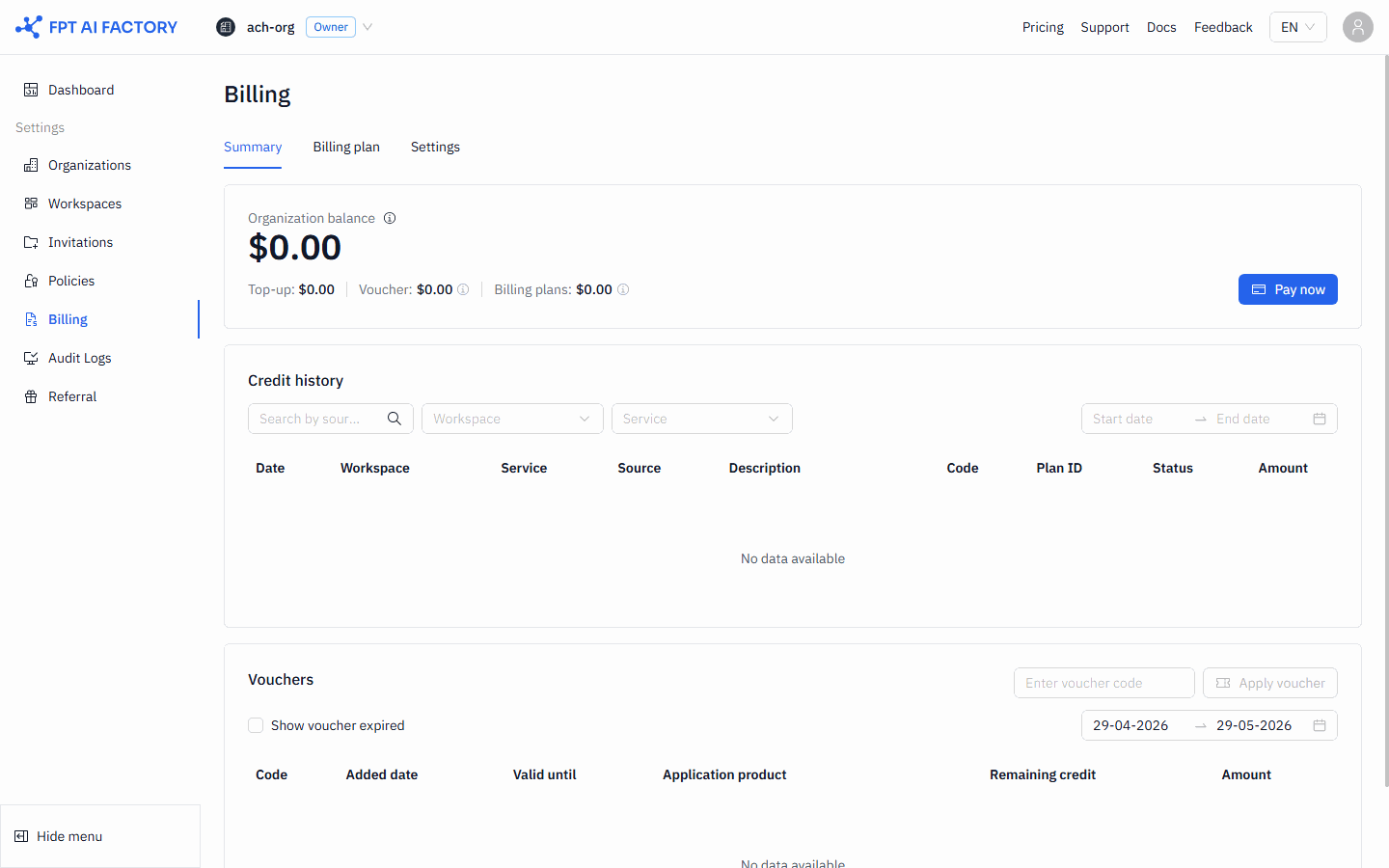 Payments page showing payment history table