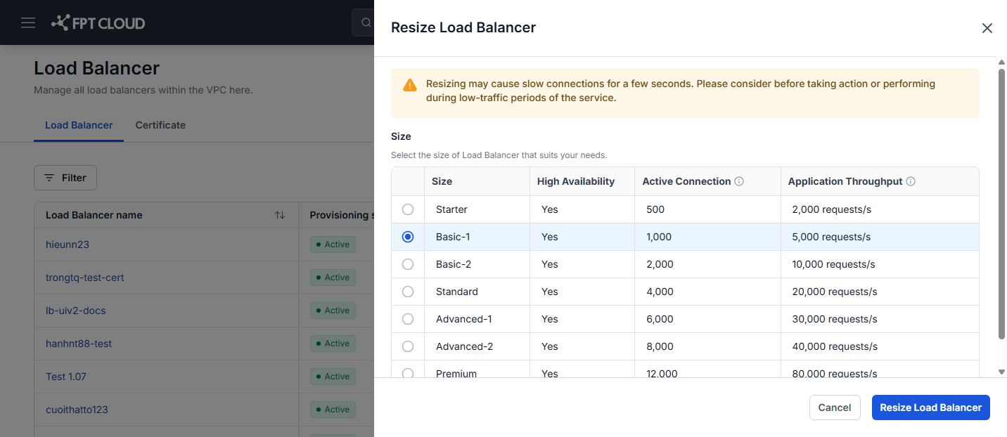 プランの表付きの Resize Load Balancer ダイアログ