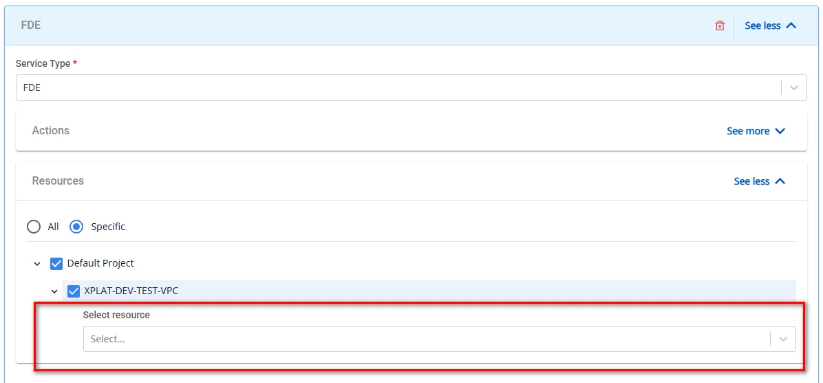 hide admin password の action 用に database を選択した Specific 設定の resource セレクタ