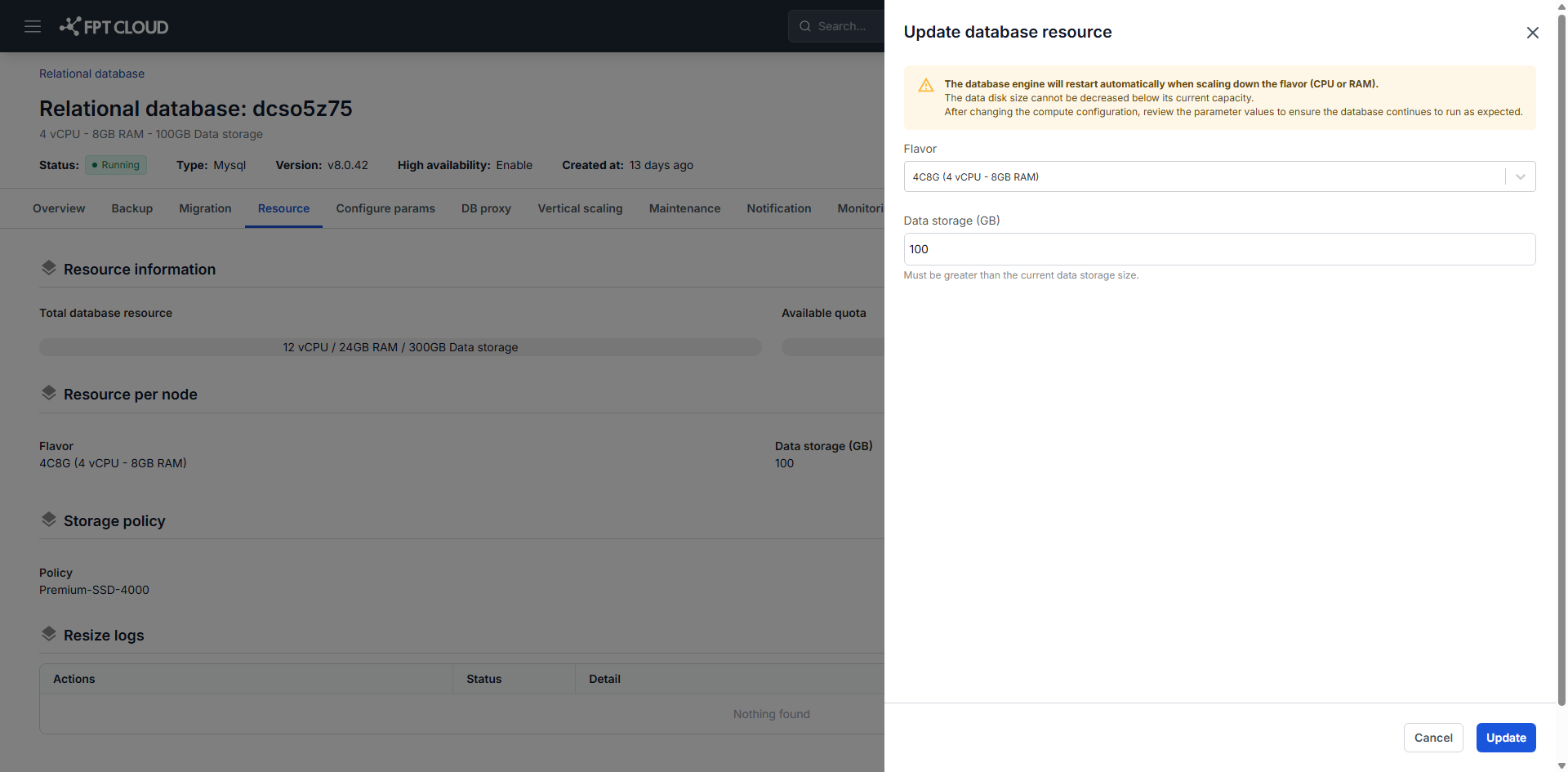 flavor とディスク容量の項目がある Update Database Resource ダイアログ