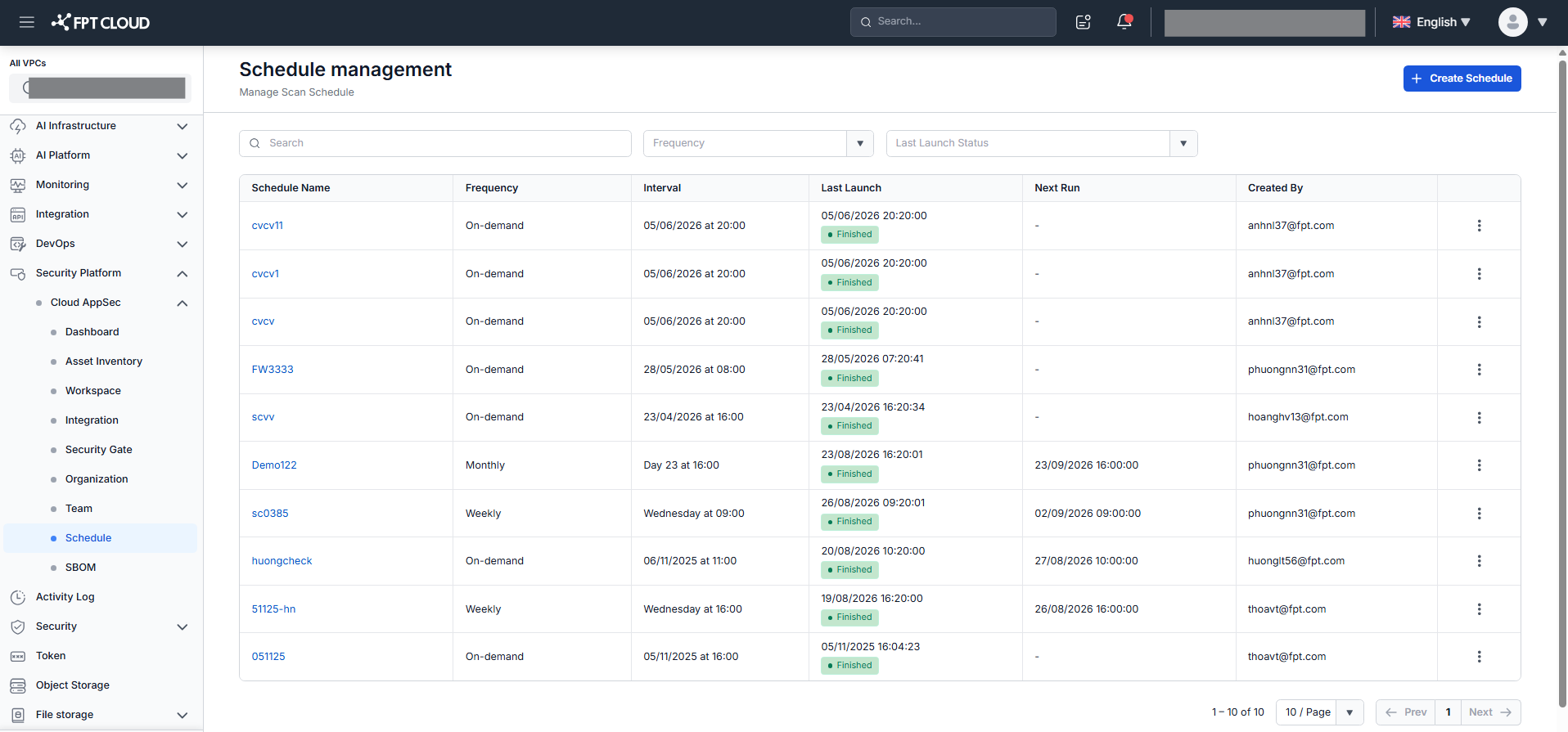 Schedule Management — Create Scheduleボタン付きリスト画面