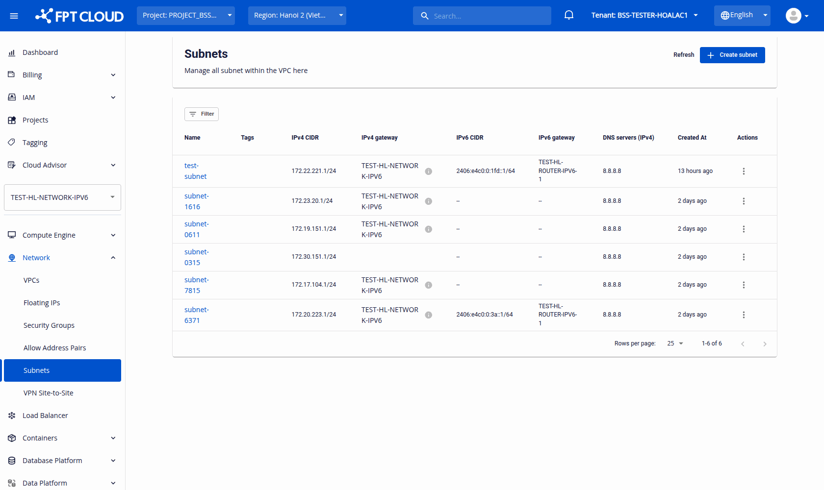 IPv6 CIDR と IPv6 gateway 列がある Subnets 一覧