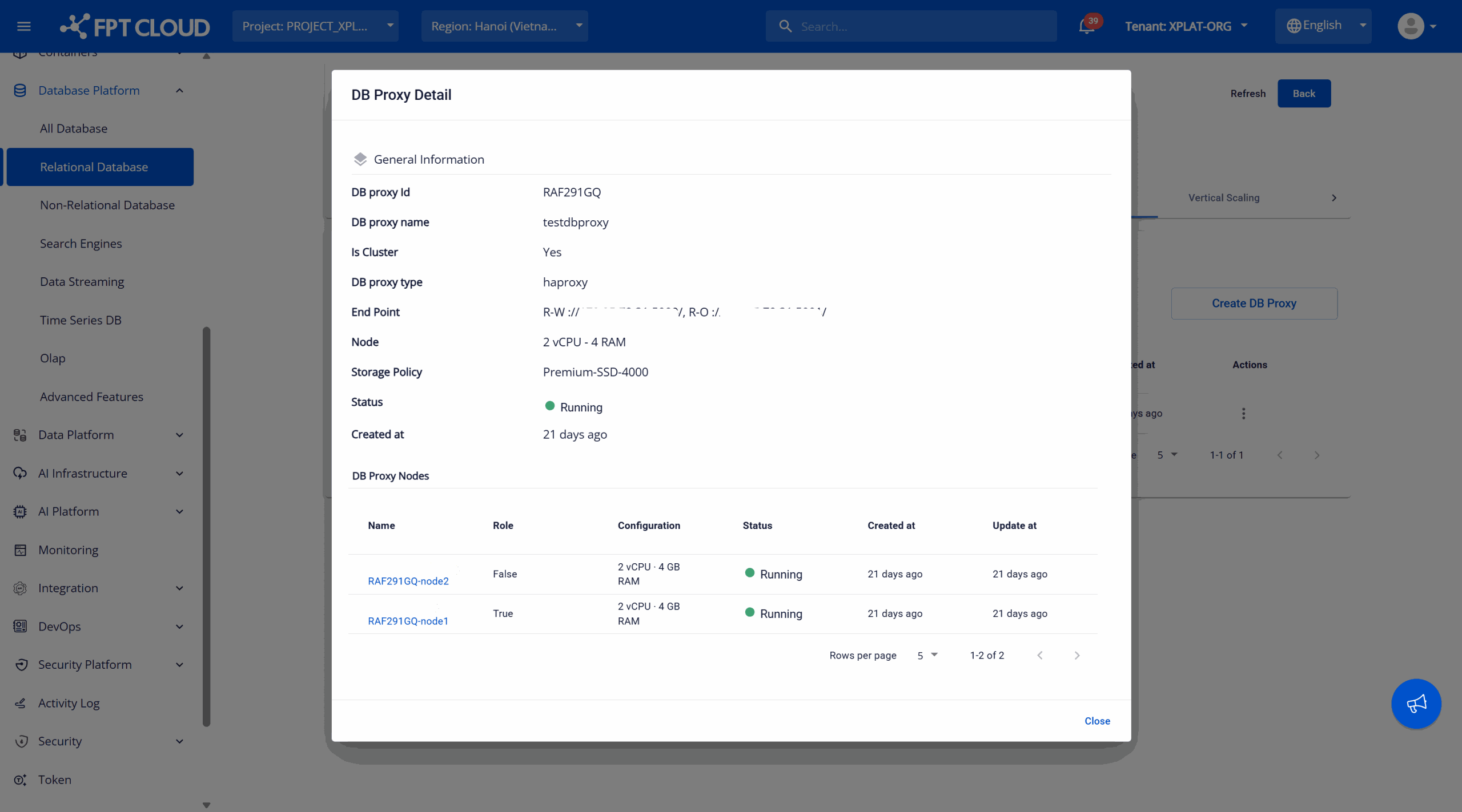 endpoint 情報を表示している DB Proxy の詳細ダイアログ