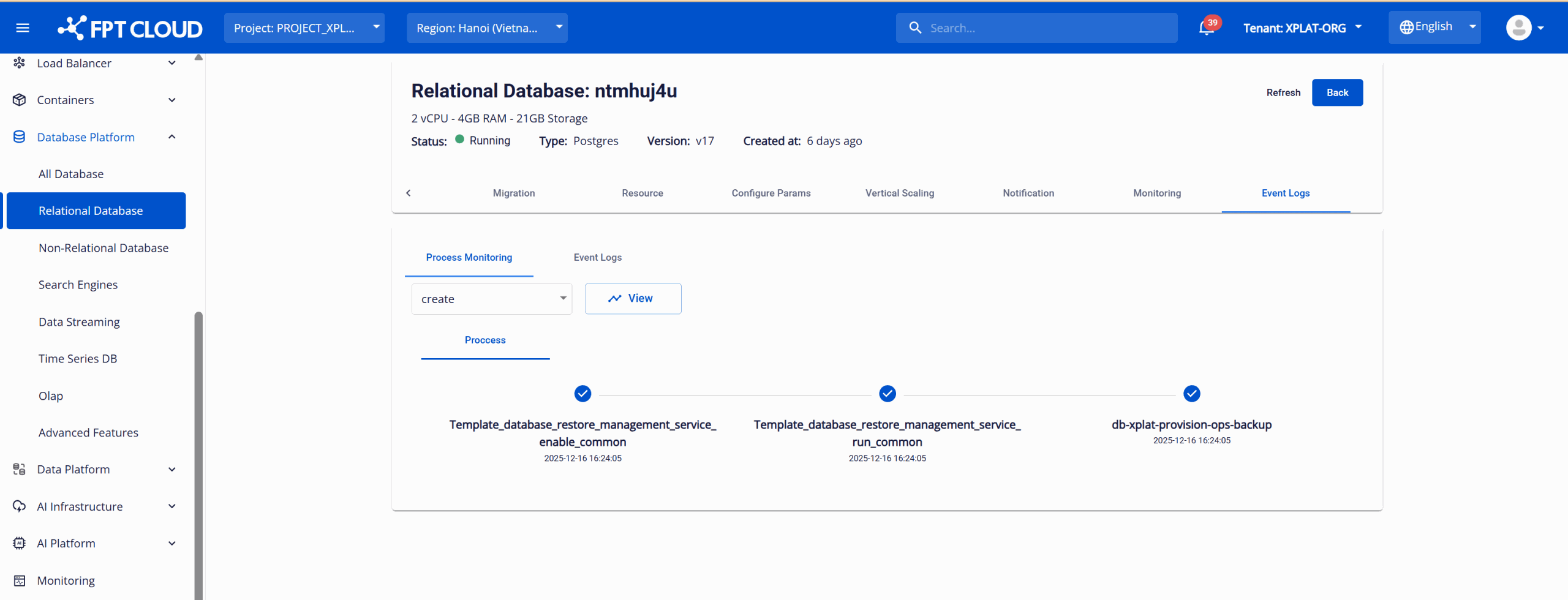 action を一覧表示している Process Monitoring サブタブ