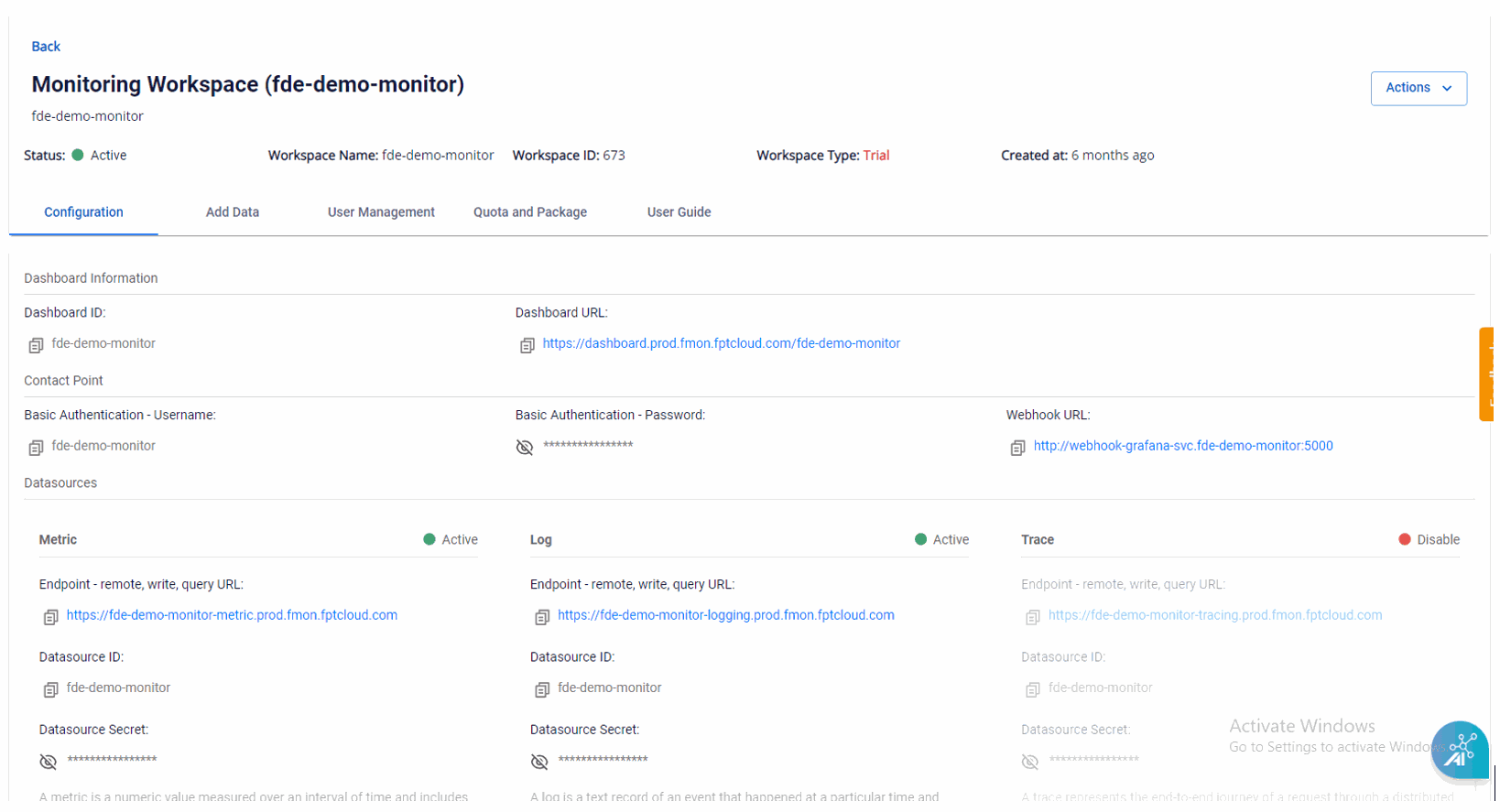 ダッシュボードの URL と認証情報がある workspace 詳細ページ
