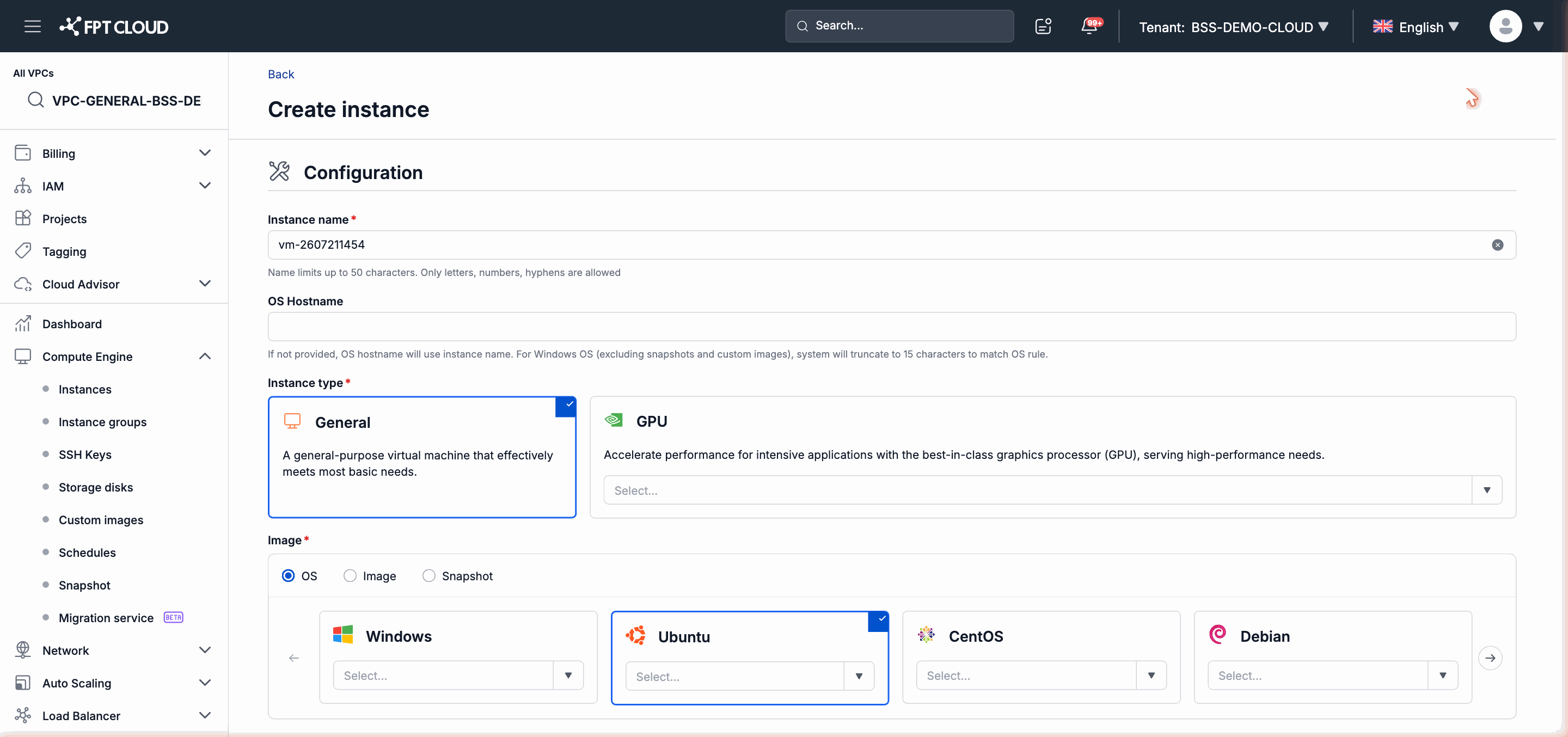 Instance作成ウィザードのConfigurationセクション