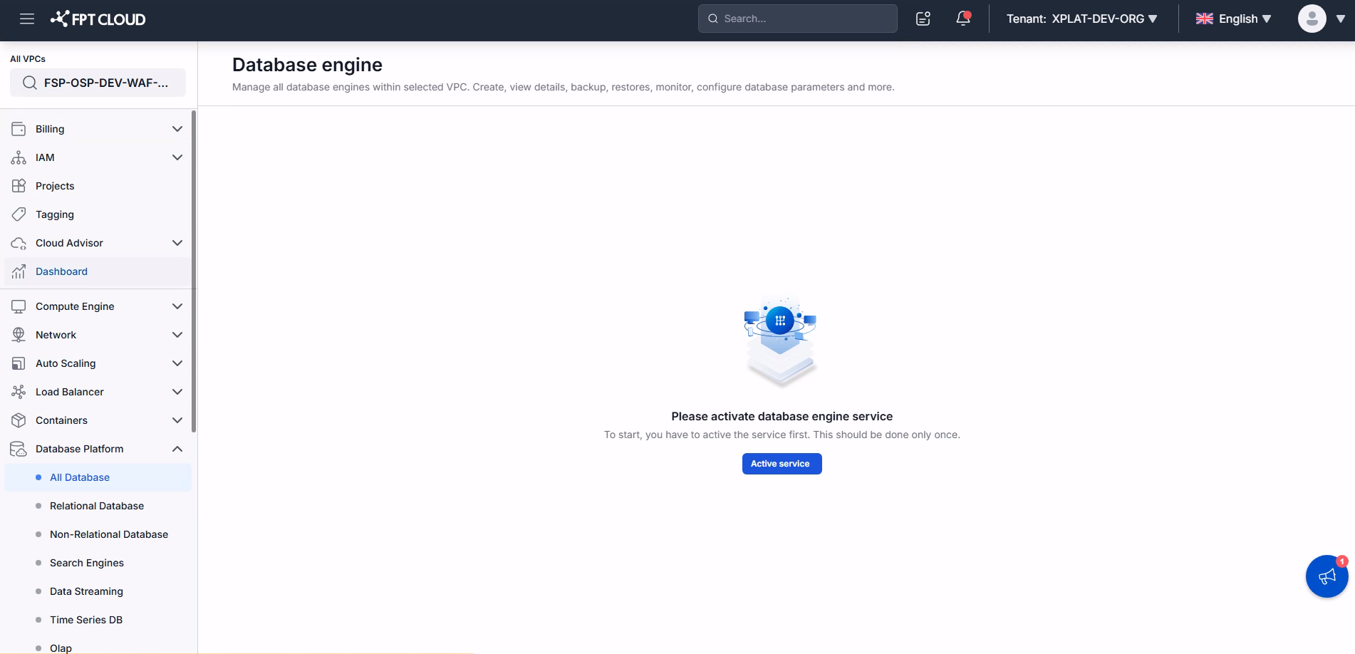 Trang Database Engine Management với nút Activate Service
