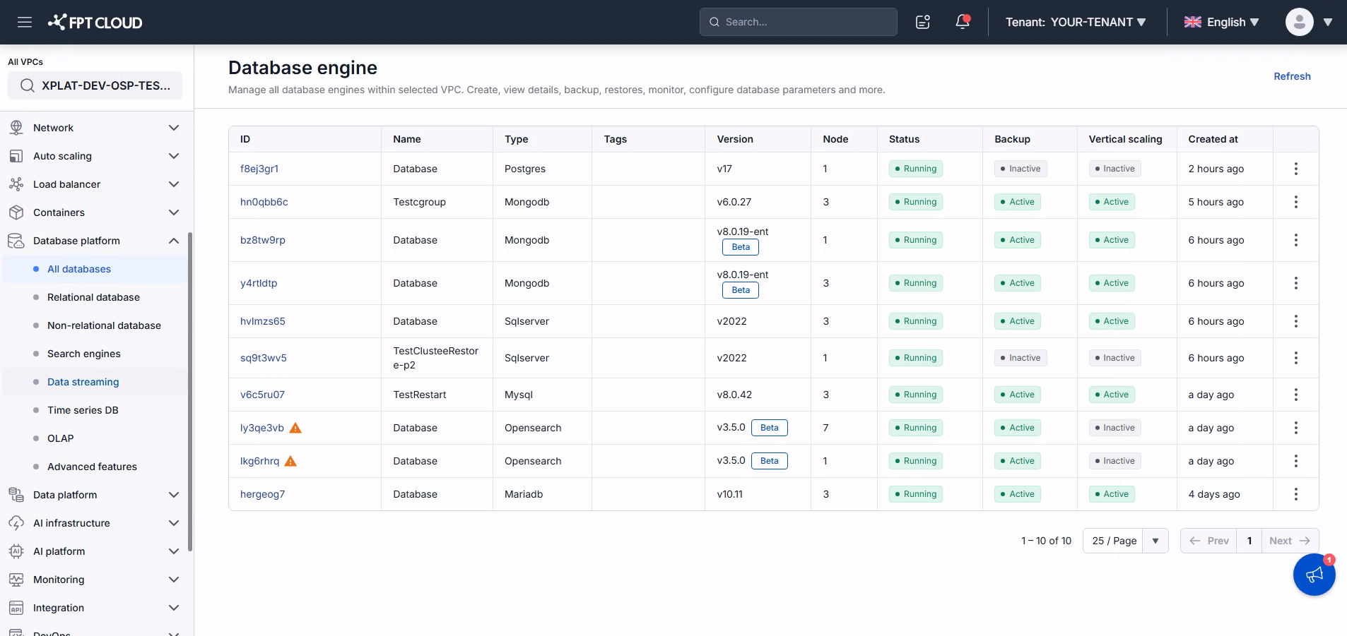 Danh sách database hiển thị các cluster kèm biểu tượng cảnh báo cần khởi động lại