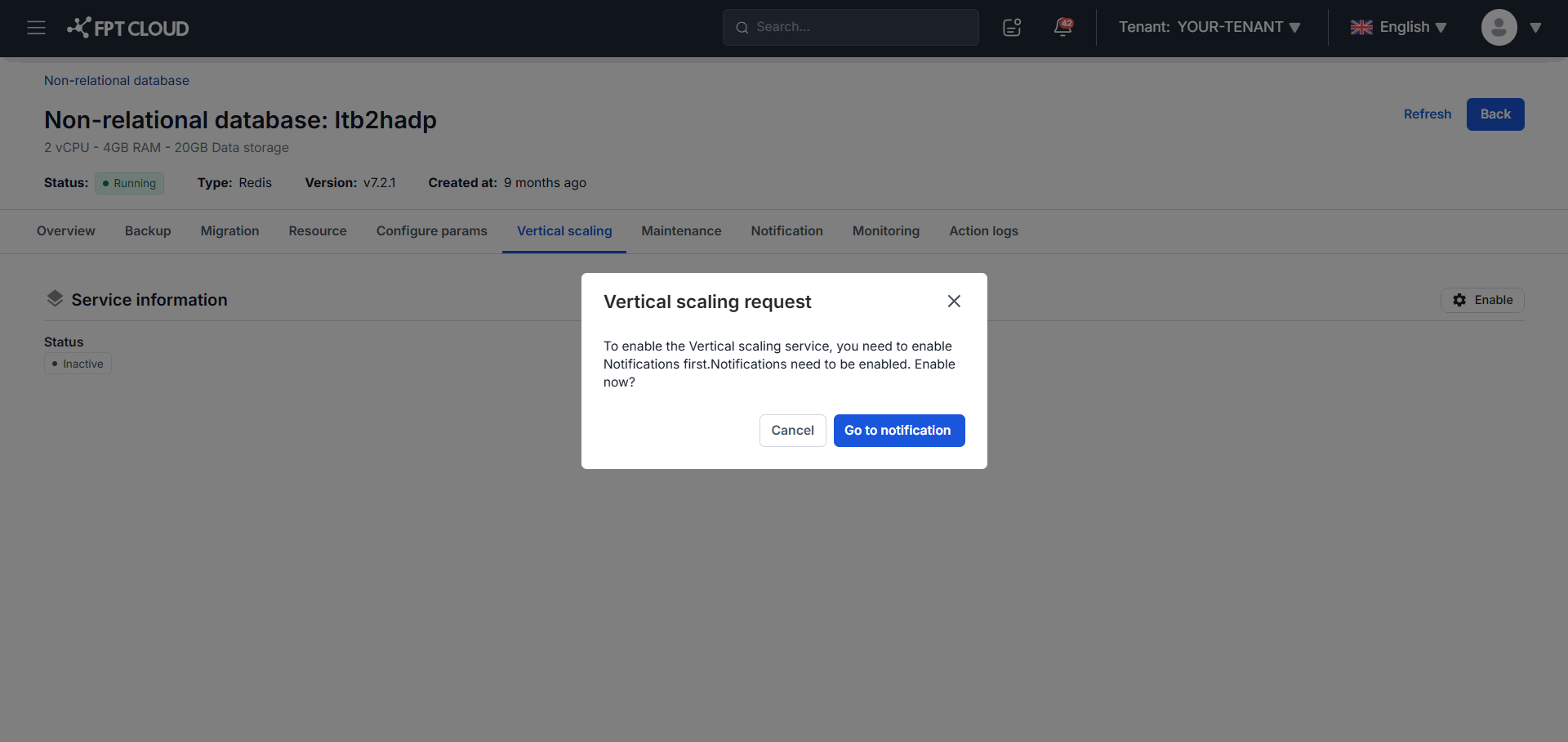 Hộp thoại yêu cầu cấu hình Notification trước khi bật scaling