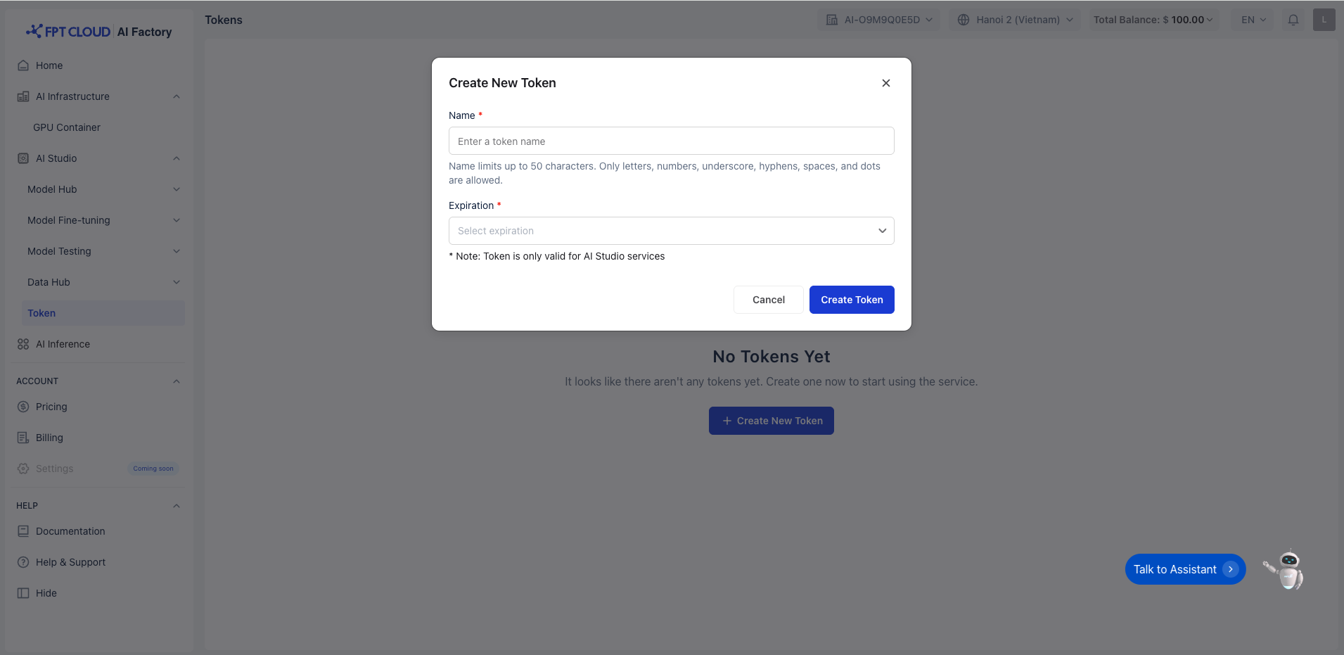 Popup Create New Token