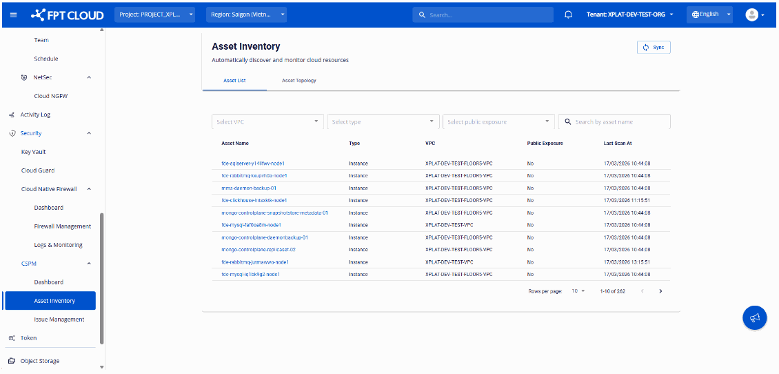 Asset List hiển thị tên, type, VPC, public exposure và lần scan gần nhất