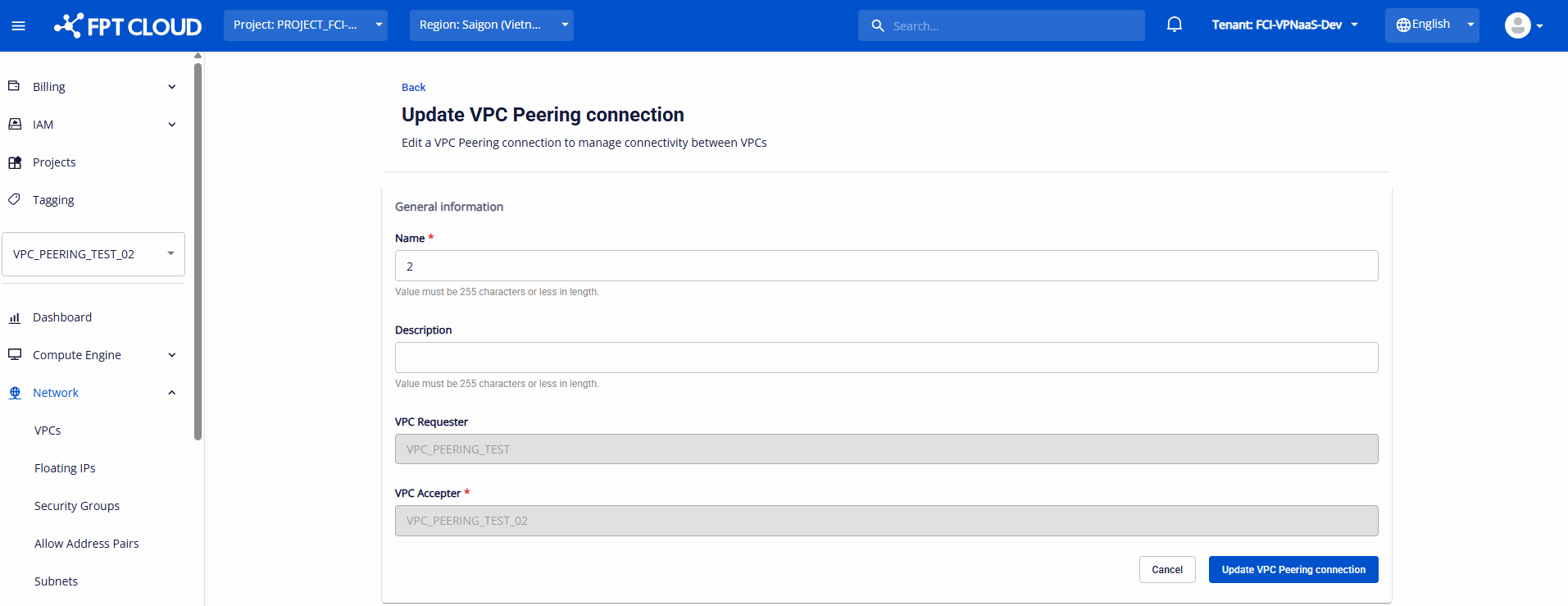 Form chỉnh sửa Peering Connection