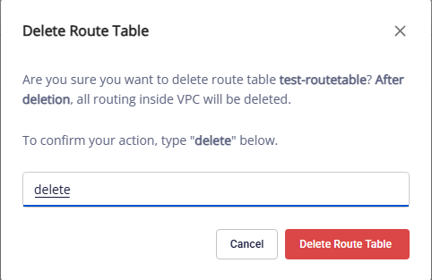 Hộp thoại xác nhận xoá Route Table