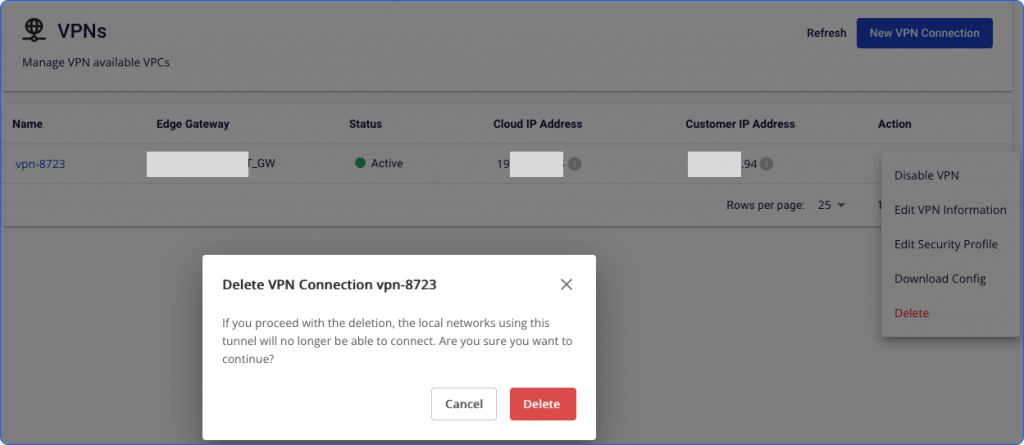 Hộp thoại xác nhận xóa VPN