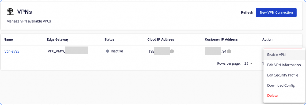 Menu Actions với tùy chọn Enable