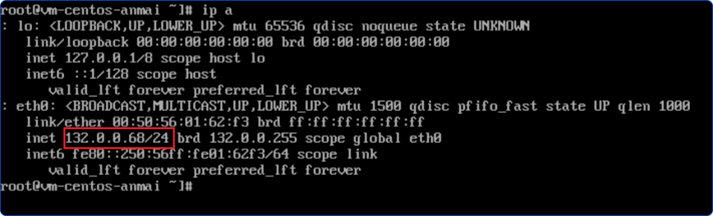 Kết quả lệnh ip a trong Console của VM CentOS