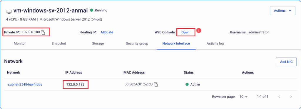 Thông tin NIC của VM Windows 2012 trên FPT Cloud Portal