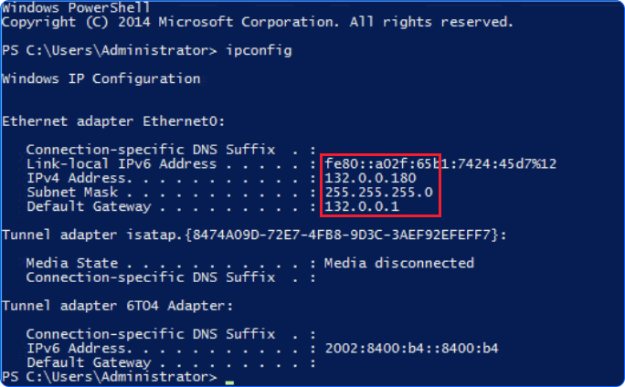 Kết quả lệnh ipconfig trong PowerShell của VM Windows