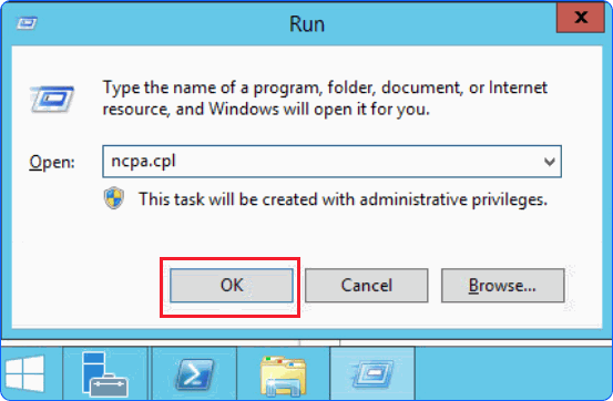 Hộp thoại Run với lệnh ncpa.cpl