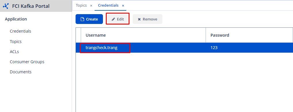 Màn hình danh sách credential với nút Edit