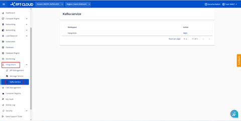 Màn hình chọn Kafka Service từ menu Integrations