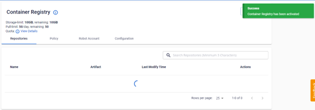 Kết quả kích hoạt Container Registry