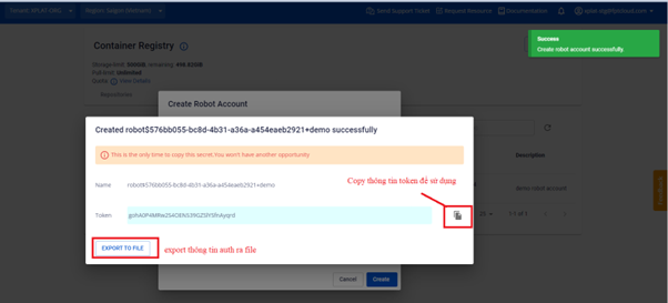 Hộp thoại Username/Token sau khi tạo