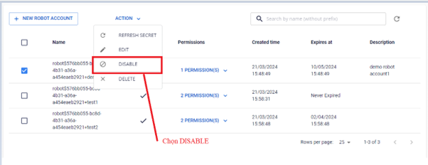 Chọn ACTION DISABLE