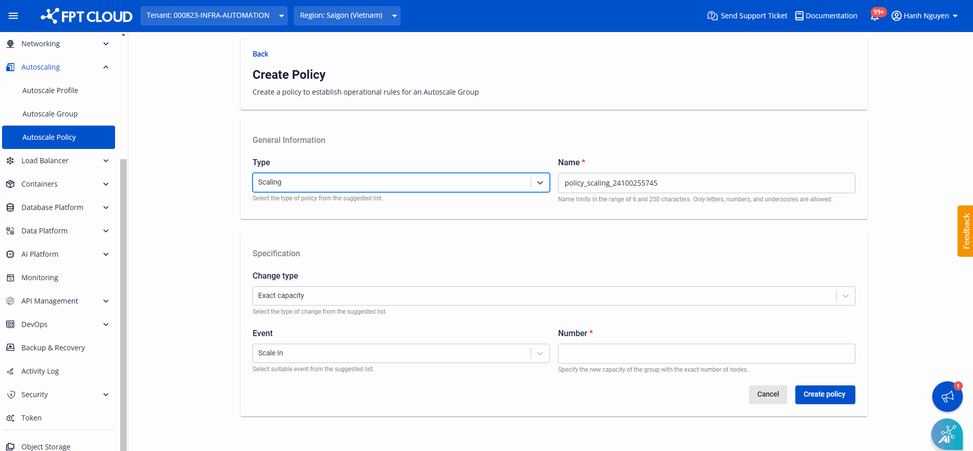 Cấu hình Scaling policy