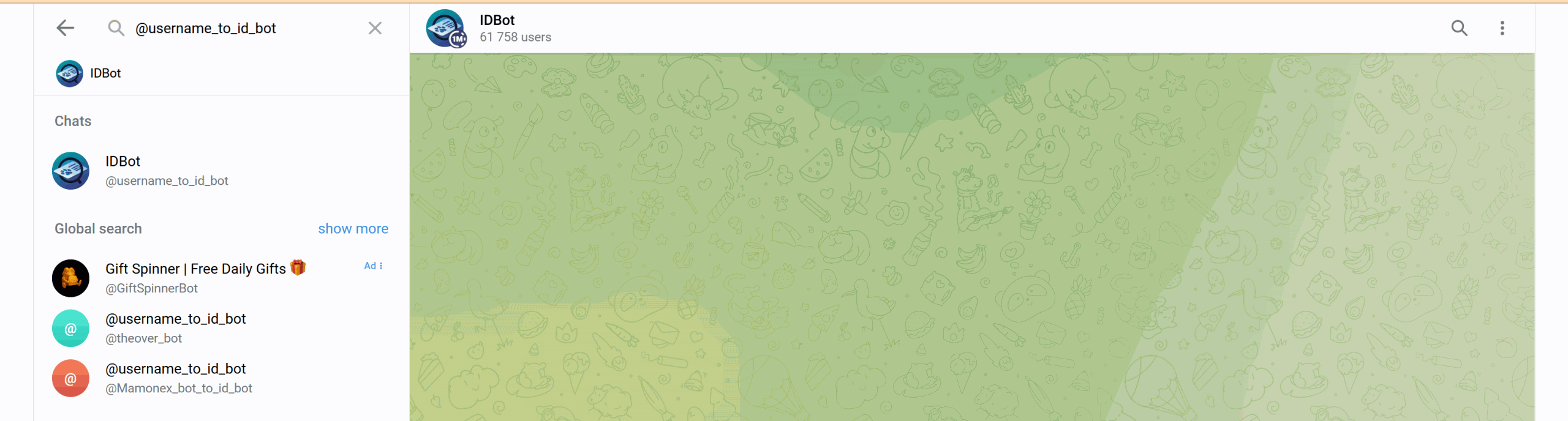 Kết quả tìm kiếm Telegram hiển thị IDBot