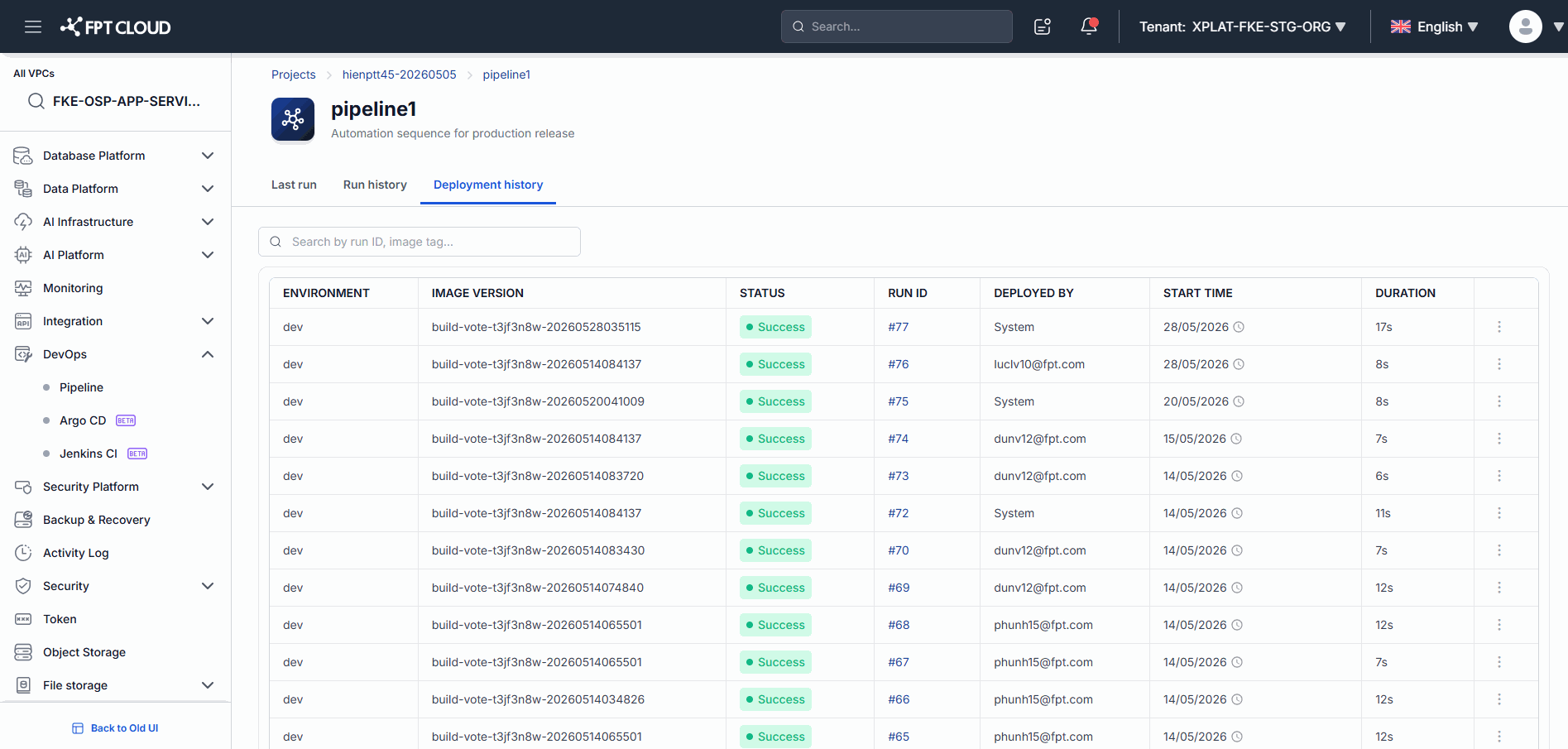Deployment history tab