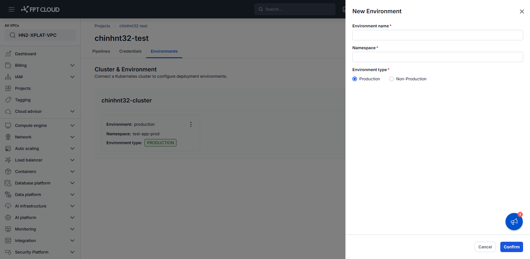 New Environment form